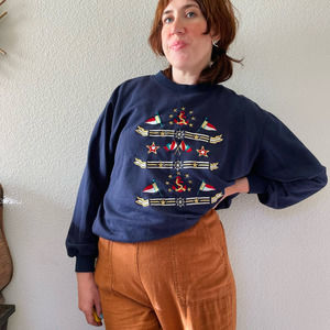 Vintage nautical embroidered anchor stars flags navy crewneck Alfred Dunner XXL